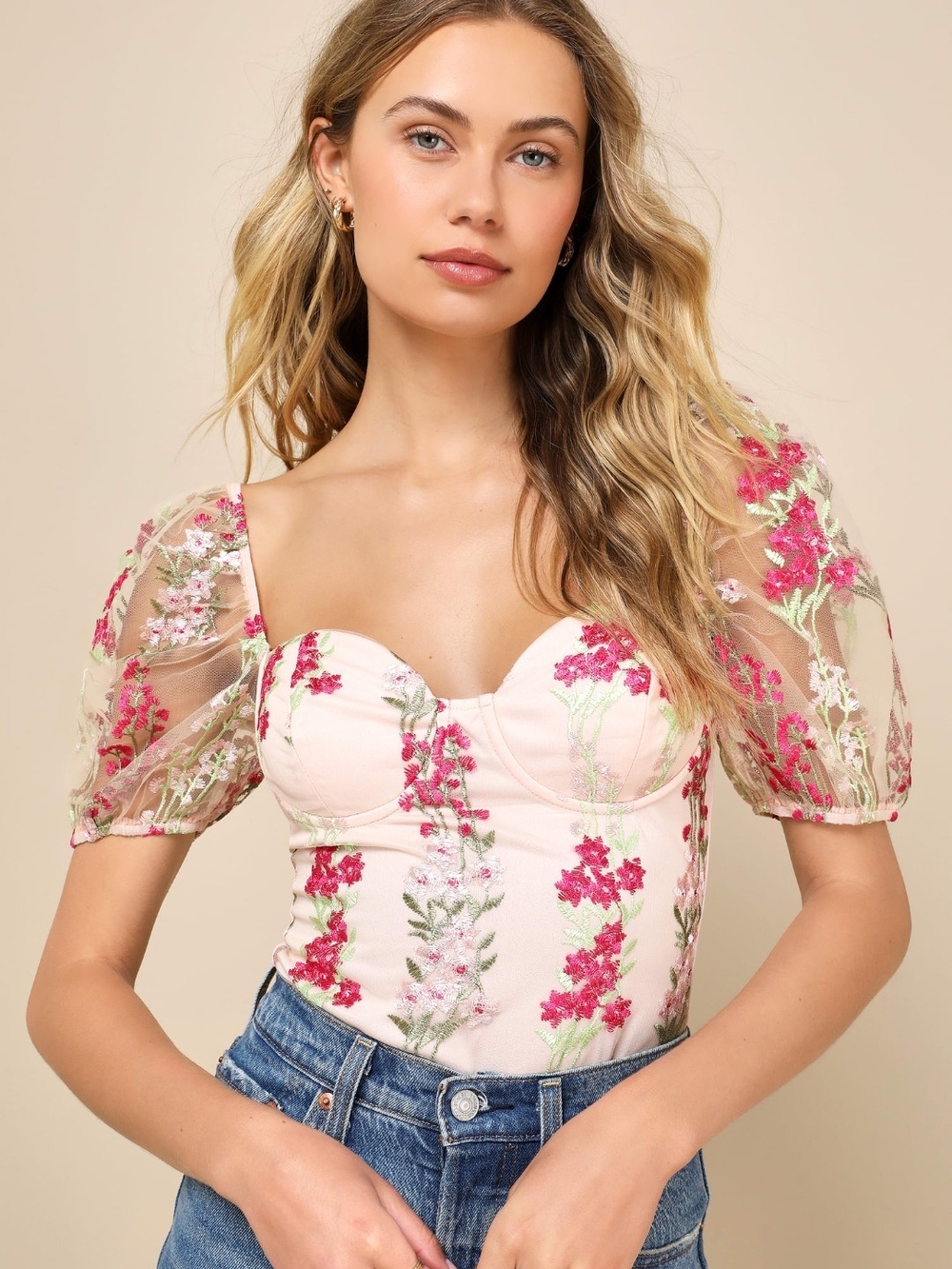 Lulus Pink Embroidered Floral Bustier Bodysuit